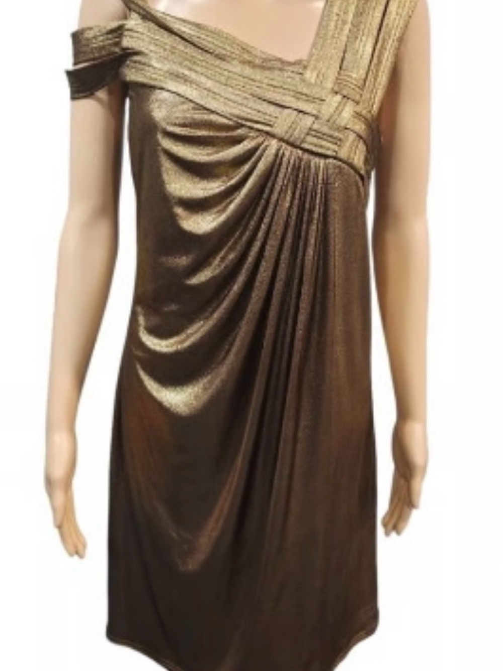 Tadashi Collection One-Shoulder Shimmer Dress in liquid Gold size Medium